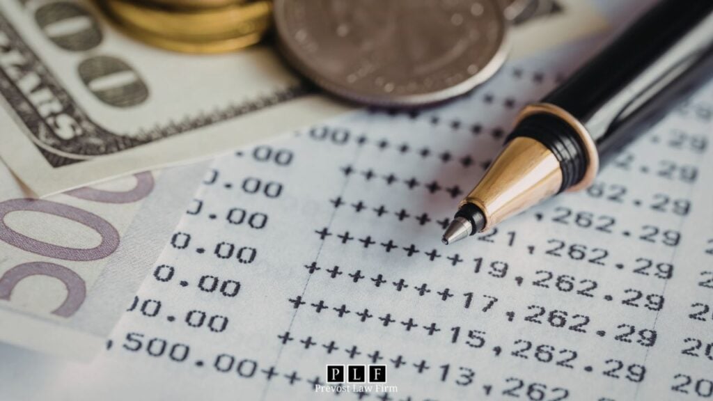 Cash, an ink pen, and some coins on a statement for a no credit check bank account