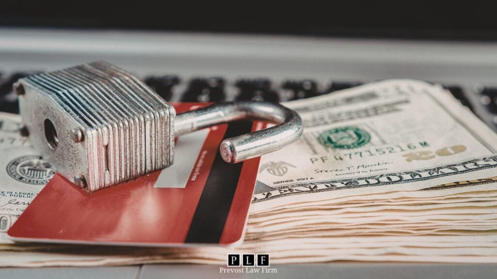 A lock on top of a credit card and some cash representing the need for a credit card debt attorney