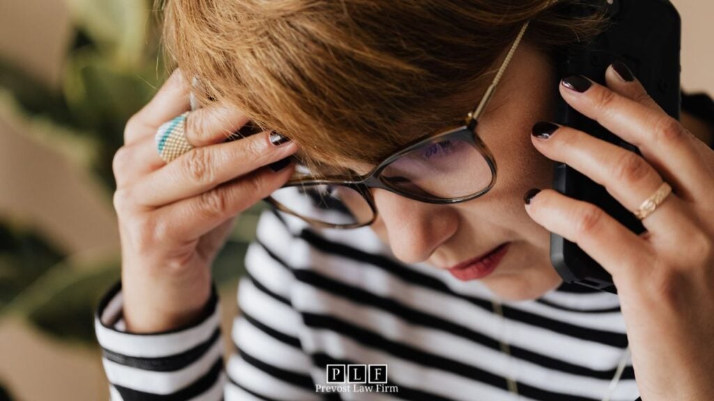 Stressed woman on the phone with a creditor harassment attorney.