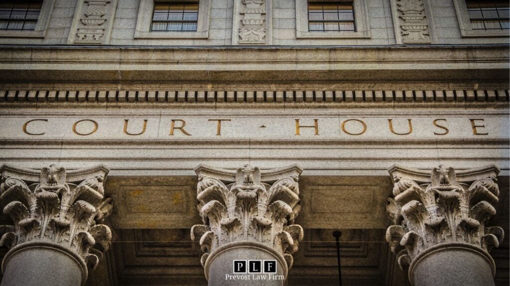 Close up of the stone on a courthouse that reads "court house" for someone headed into bankruptcy court.